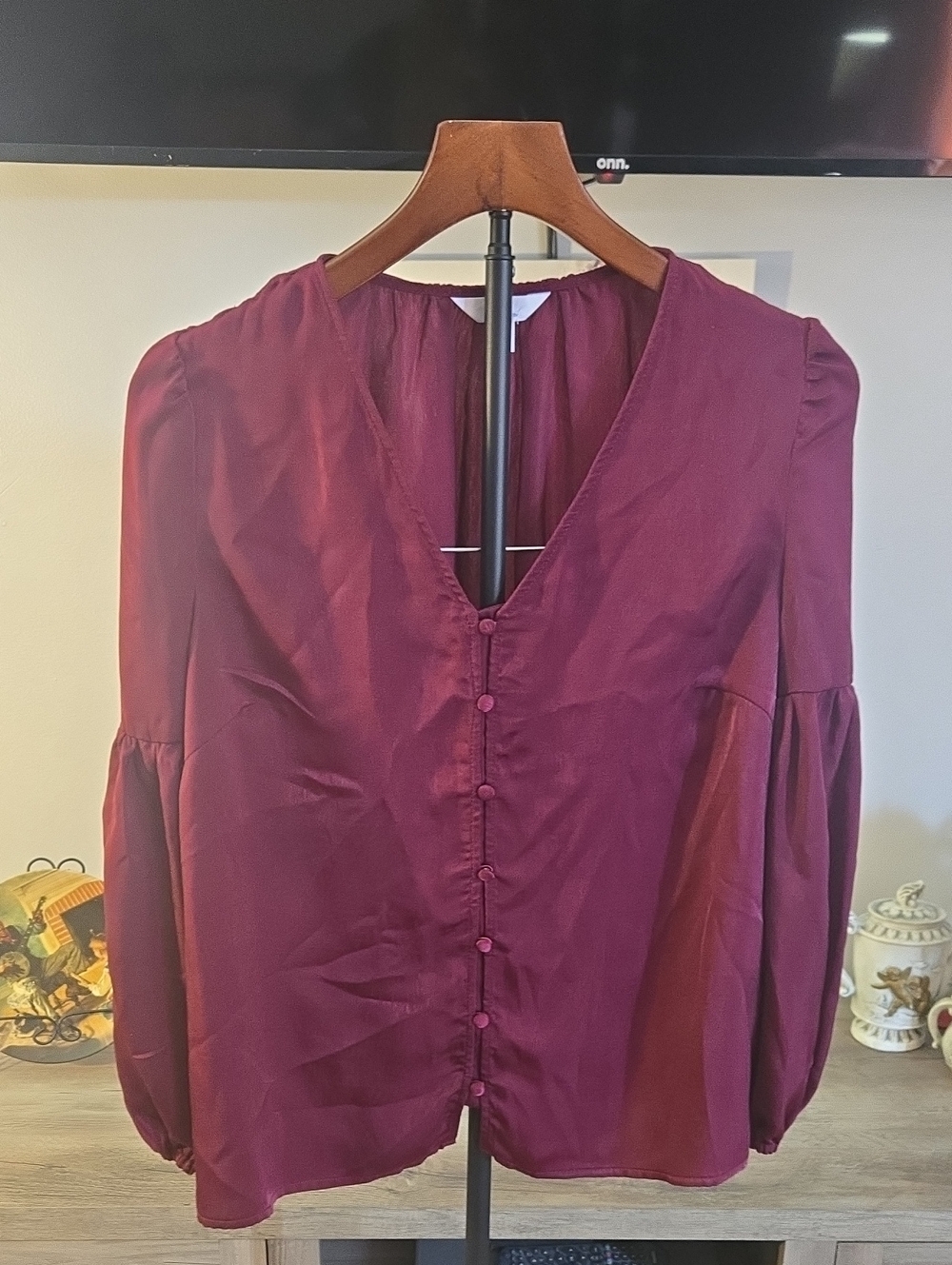 Time and Tru Deep Plum Button-Front V-Neck Blouse